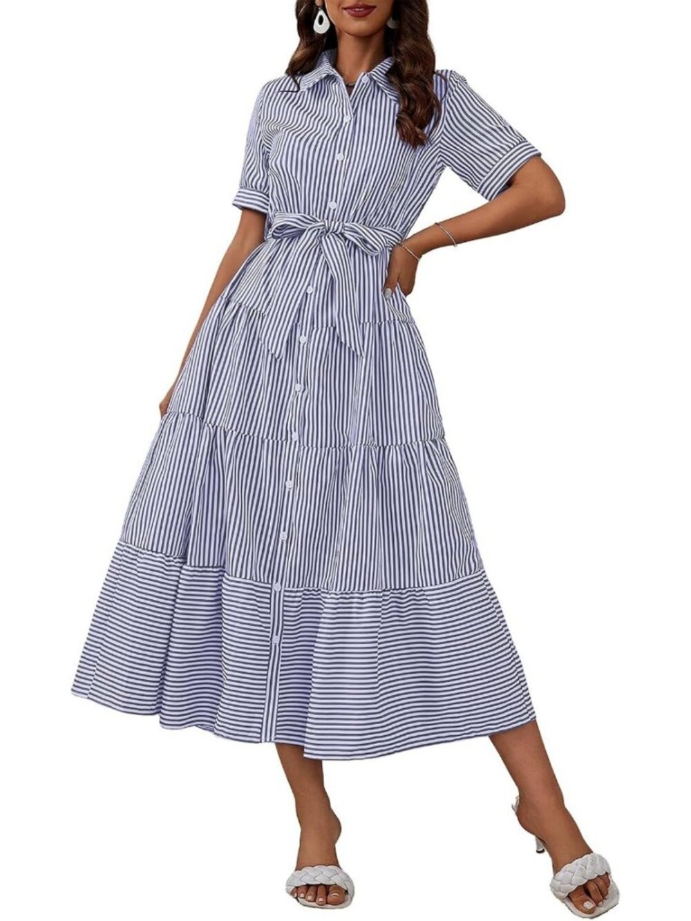 Boho Striped Maxi Dress with Pockets | Button Down, Belted, Flowy A-Line Style
